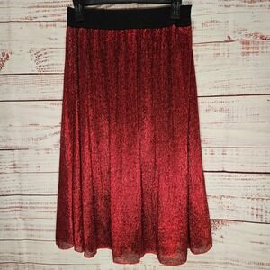 LuLaRoe Vibrant Red Metallic Shimmer Pleated Midi Skirt‎ XS Party